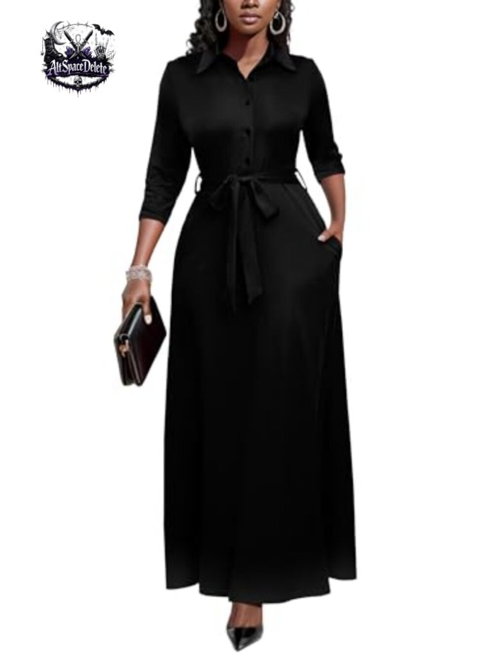 Womens Maxi Dress 3/4 Sleeve Button Down Church Dress with Pockets